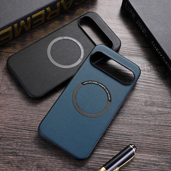 For Google Pixel 9 Pro Magsafe Magnetic Ring Leather Texture Phone Case(White)