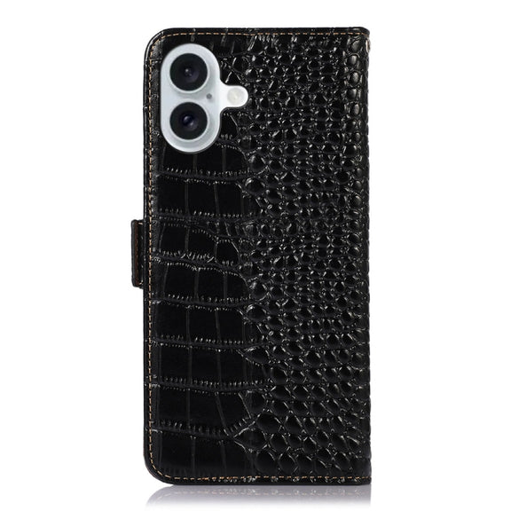 For iPhone 16 Plus Crocodile Top Layer Cowhide Leather Phone Case(Black)