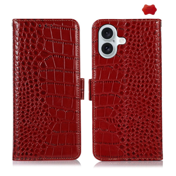 For iPhone 16 Crocodile Top Layer Cowhide Leather Phone Case(Red)