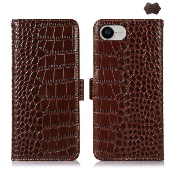 For iPhone 16e Crocodile Top Layer Cowhide Leather Phone Case(Brown)