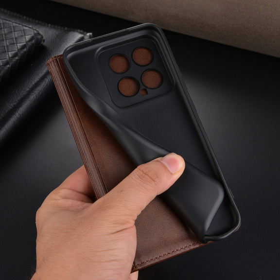 For Xiaomi 14 AZNS Magnetic Calf Texture Flip Leather Phone Case(Dark Green)