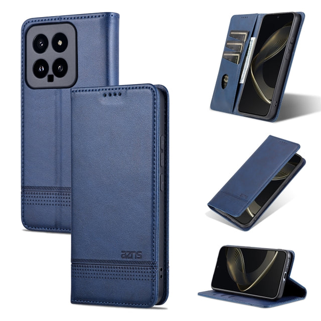 For Xiaomi 14 AZNS Magnetic Calf Texture Flip Leather Phone Case(Dark Blue)