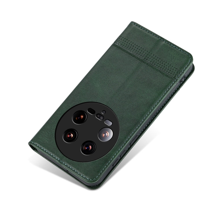 For Xiaomi 14 Ultra AZNS Magnetic Calf Texture Flip Leather Phone Case(Dark Green)