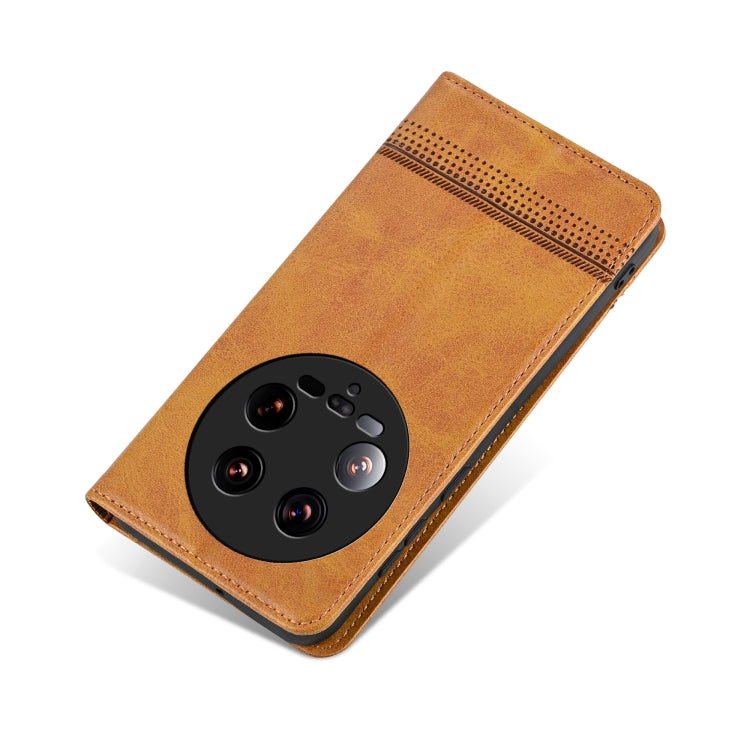 For Xiaomi 14 Ultra AZNS Magnetic Calf Texture Flip Leather Phone Case(Light Brown)