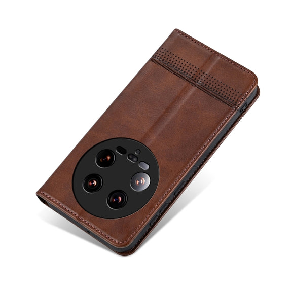 For Xiaomi 14 Ultra AZNS Magnetic Calf Texture Flip Leather Phone Case(Dark Brown)