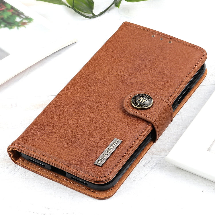 For iPhone 16e KHAZNEH Cowhide Texture Horizontal Flip Leather Phone Case(Brown) - iPhone 16e Cases by PMC TechLife | Online Shopping South Africa | PMC TechLife | Buy Now Pay Later Mobicred