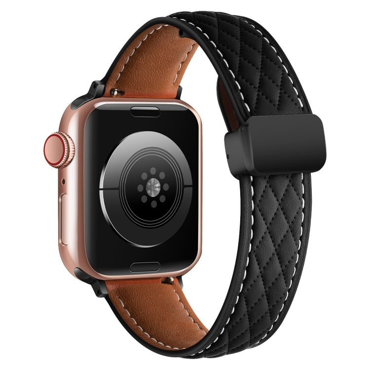 For Apple Watch Ultra 2 49mm Folding Buckle Rhombus Leather Watch Band(Black)