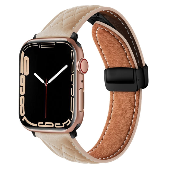 For Apple Watch Ultra 2 49mm Folding Buckle Rhombus Leather Watch Band(Apricot)