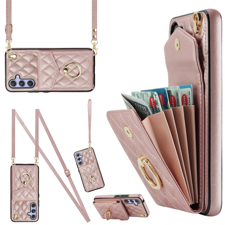 For Samsung Galaxy A54 5G Rhombic Texture Card Bag Phone Case with Long Lanyard(Rose Gold) - Galaxy Phone Cases by PMC TechLife | Online Shopping South Africa | PMC TechLife