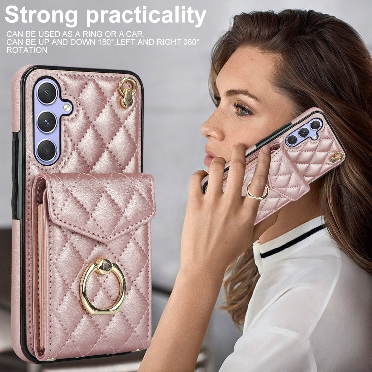 For Samsung Galaxy A54 5G Rhombic Texture Card Bag Phone Case with Long Lanyard(Rose Gold) - Galaxy Phone Cases by PMC TechLife | Online Shopping South Africa | PMC TechLife