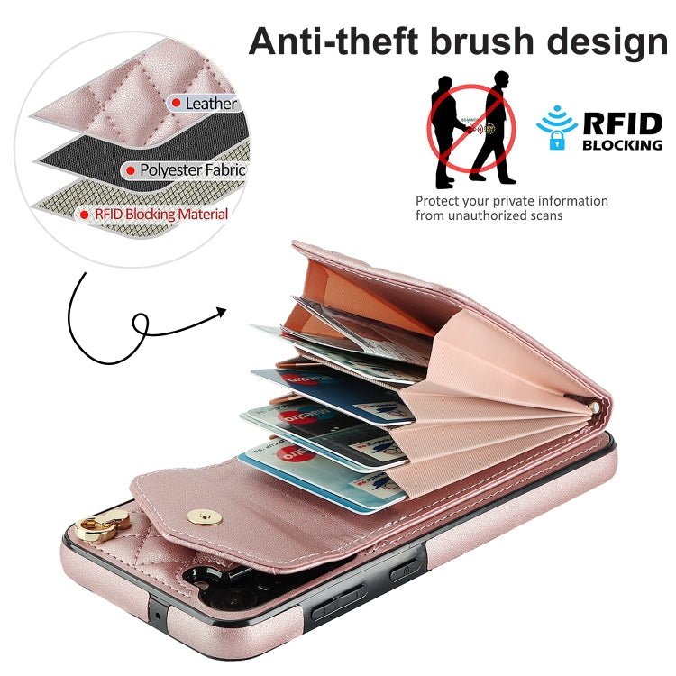 For Samsung Galaxy A54 5G Rhombic Texture Card Bag Phone Case with Long Lanyard(Rose Gold) - Galaxy Phone Cases by PMC TechLife | Online Shopping South Africa | PMC TechLife
