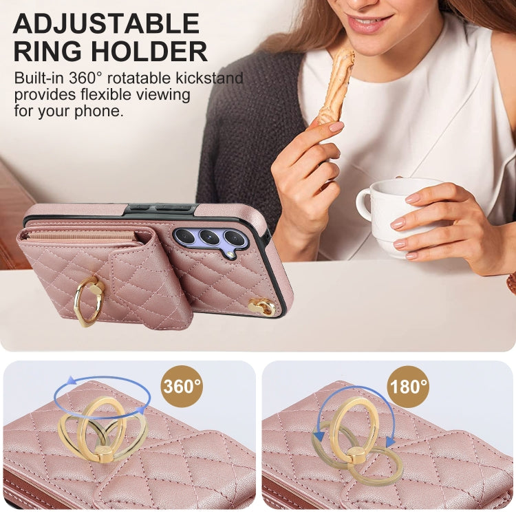 For Samsung Galaxy A54 5G Rhombic Texture Card Bag Phone Case with Long Lanyard(Rose Gold) - Galaxy Phone Cases by PMC TechLife | Online Shopping South Africa | PMC TechLife