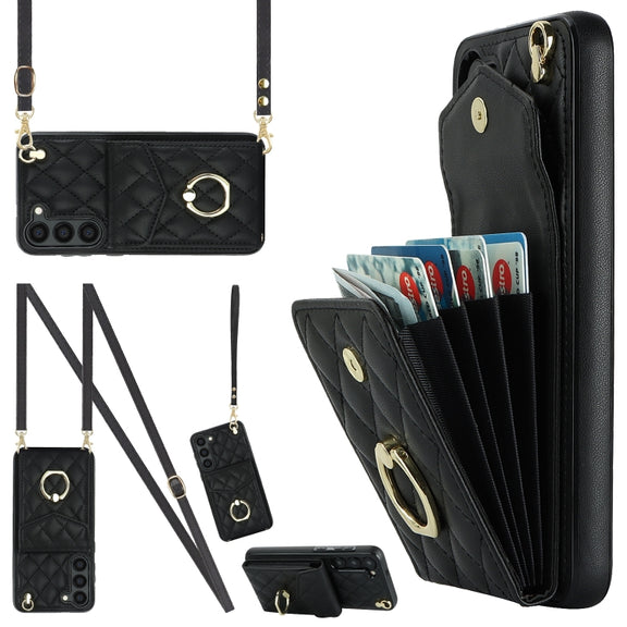 For Samsung Galaxy S24 5G Rhombic Texture Card Bag Phone Case with Long Lanyard(Black)