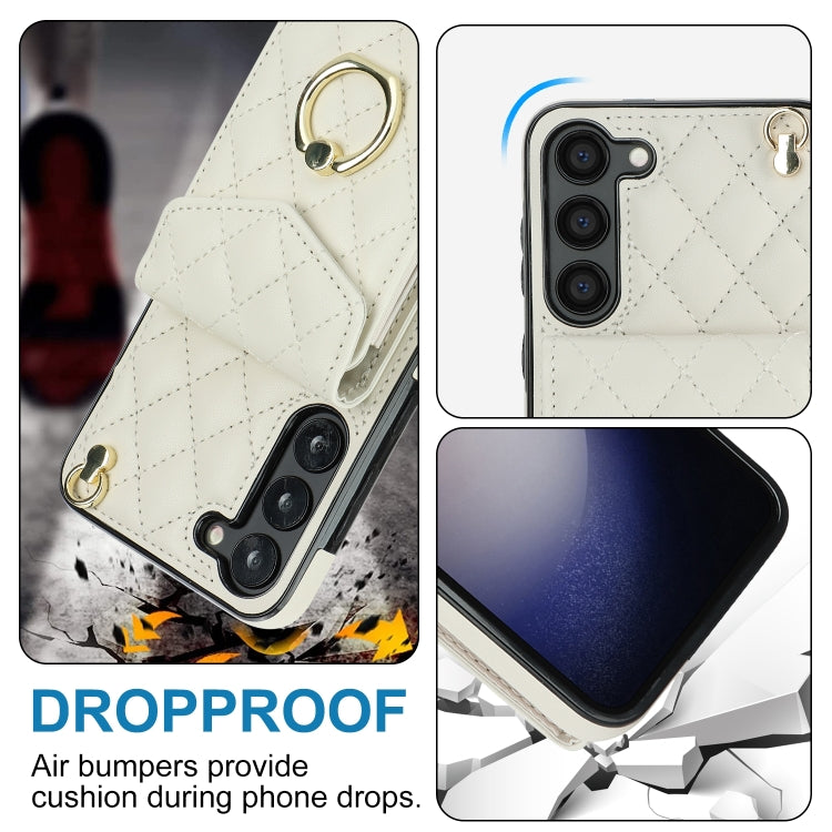 For Samsung Galaxy S24 5G Rhombic Texture Card Bag Phone Case with Long Lanyard(White)