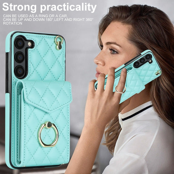 For Samsung Galaxy S24 5G Rhombic Texture Card Bag Phone Case with Long Lanyard(Mint Green)