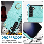 For Samsung Galaxy S24 5G Rhombic Texture Card Bag Phone Case with Long Lanyard(Mint Green)
