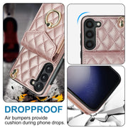 For Samsung Galaxy S24 5G Rhombic Texture Card Bag Phone Case with Long Lanyard(Rose Gold)