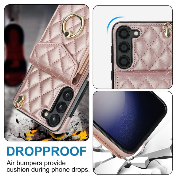 For Samsung Galaxy S24 5G Rhombic Texture Card Bag Phone Case with Long Lanyard(Rose Gold)