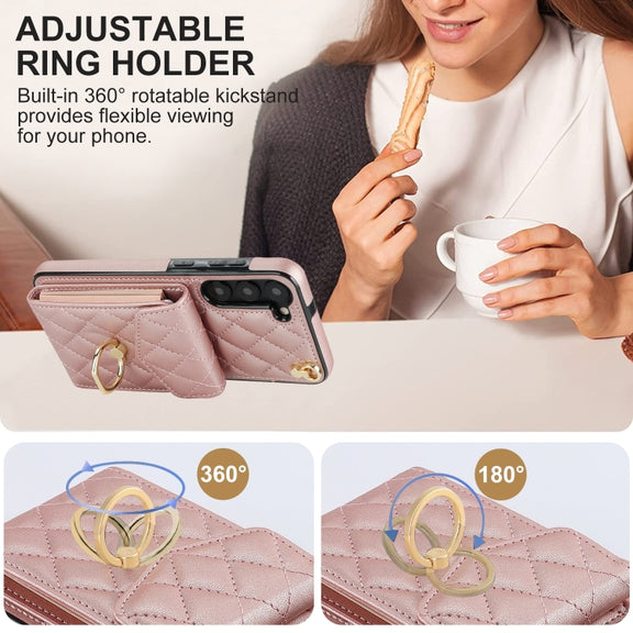 For Samsung Galaxy S24 5G Rhombic Texture Card Bag Phone Case with Long Lanyard(Rose Gold)