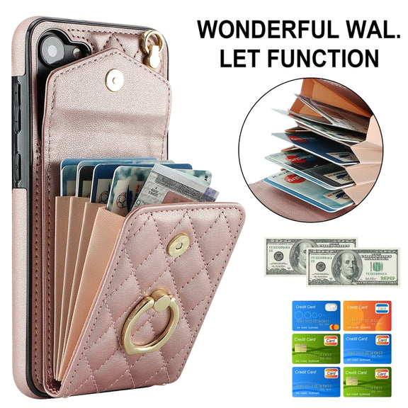 For Samsung Galaxy S24 5G Rhombic Texture Card Bag Phone Case with Long Lanyard(Rose Gold)