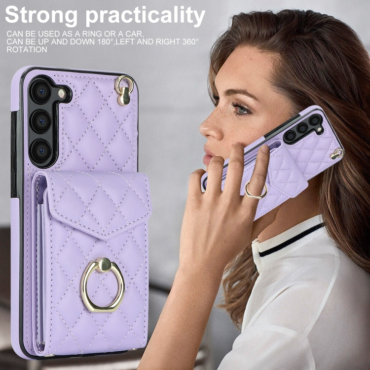 For Samsung Galaxy S24 5G Rhombic Texture Card Bag Phone Case with Long Lanyard(Light Purple)