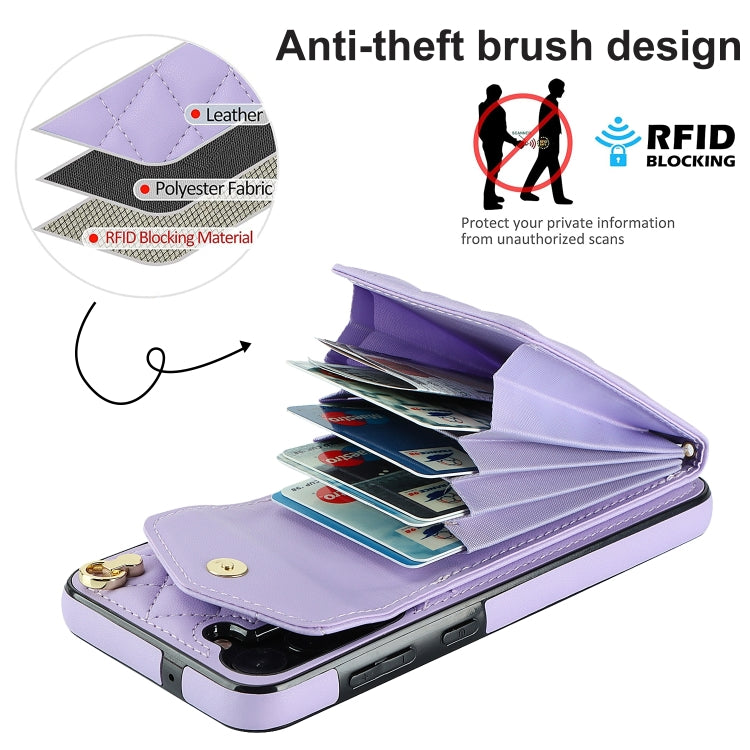 For Samsung Galaxy S24 5G Rhombic Texture Card Bag Phone Case with Long Lanyard(Light Purple)