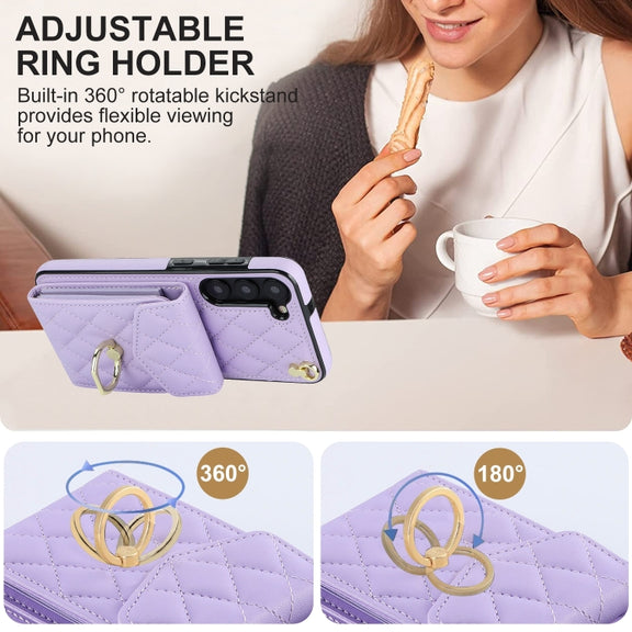 For Samsung Galaxy S24 5G Rhombic Texture Card Bag Phone Case with Long Lanyard(Light Purple)