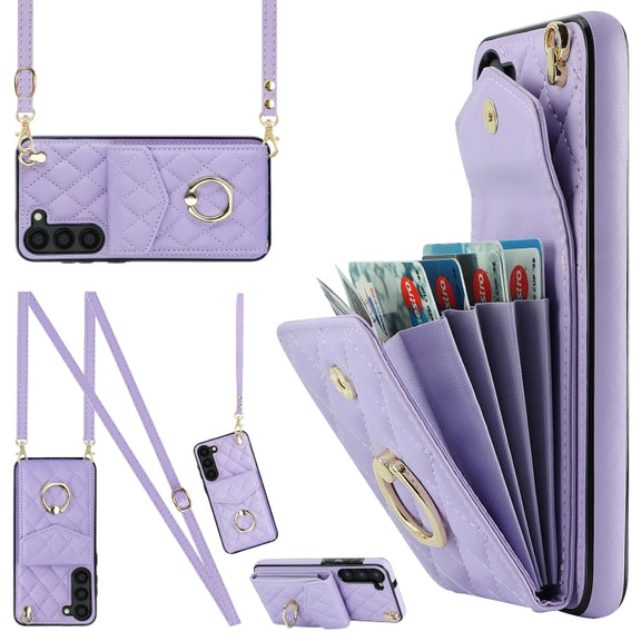 For Samsung Galaxy S24 5G Rhombic Texture Card Bag Phone Case with Long Lanyard(Light Purple)