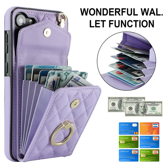 For Samsung Galaxy S24 5G Rhombic Texture Card Bag Phone Case with Long Lanyard(Light Purple)