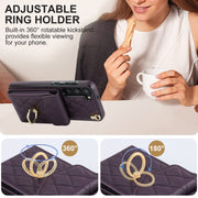 For Samsung Galaxy S24 5G Rhombic Texture Card Bag Phone Case with Long Lanyard(Dark Purple)