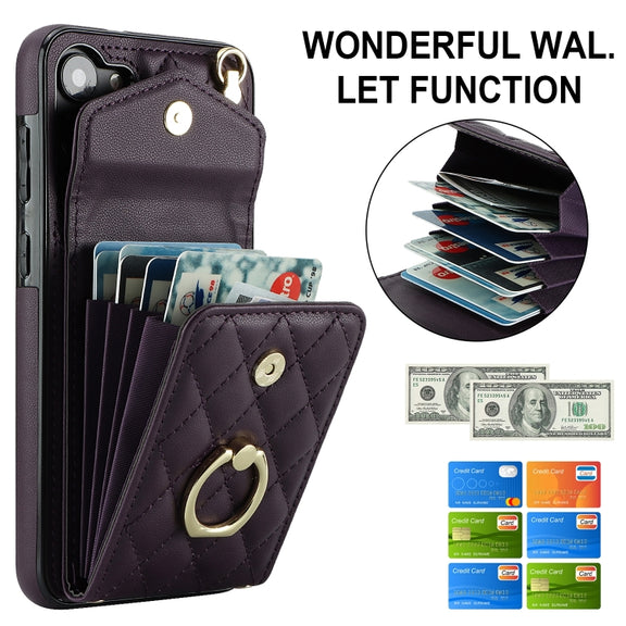 For Samsung Galaxy S24 5G Rhombic Texture Card Bag Phone Case with Long Lanyard(Dark Purple)