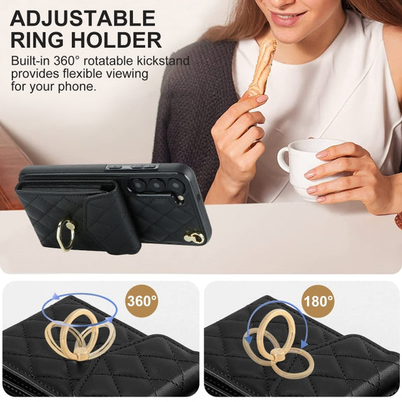 For Samsung Galaxy S24+ 5G Rhombic Texture Card Bag Phone Case with Long Lanyard(Black)