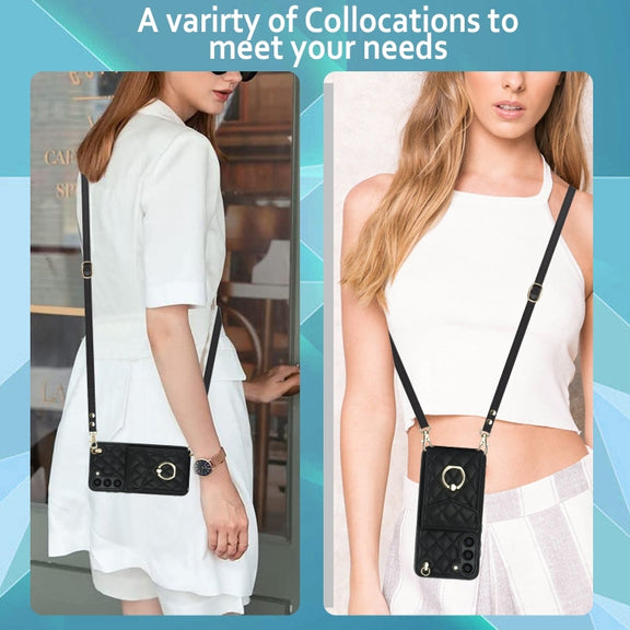 For Samsung Galaxy S24+ 5G Rhombic Texture Card Bag Phone Case with Long Lanyard(Black)