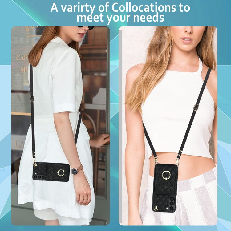 For Samsung Galaxy S24+ 5G Rhombic Texture Card Bag Phone Case with Long Lanyard(Black)