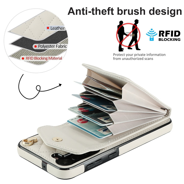 For Samsung Galaxy S24+ 5G Rhombic Texture Card Bag Phone Case with Long Lanyard(White)