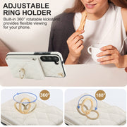 For Samsung Galaxy S24+ 5G Rhombic Texture Card Bag Phone Case with Long Lanyard(White)