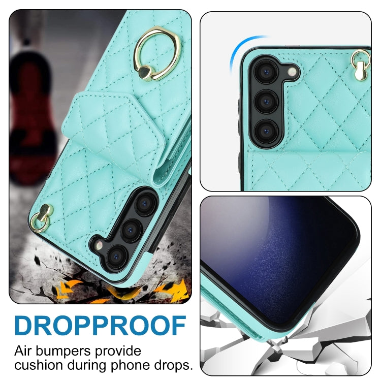 For Samsung Galaxy S24+ 5G Rhombic Texture Card Bag Phone Case with Long Lanyard(Mint Green)