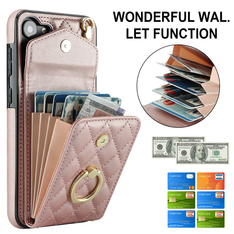For Samsung Galaxy S24+ 5G Rhombic Texture Card Bag Phone Case with Long Lanyard(Rose Gold)