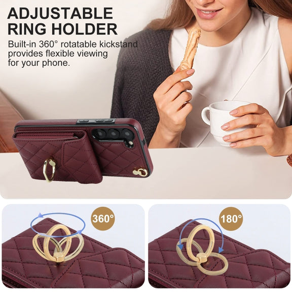 For Samsung Galaxy S24+ 5G Rhombic Texture Card Bag Phone Case with Long Lanyard(Wine Red)