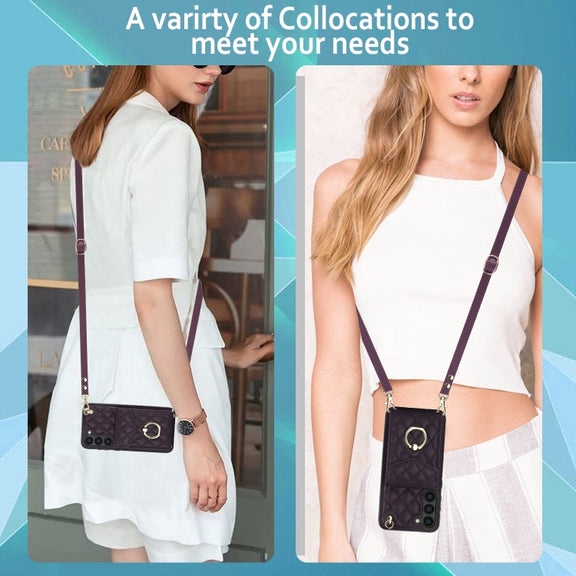 For Samsung Galaxy S24+ 5G Rhombic Texture Card Bag Phone Case with Long Lanyard(Wine Red)