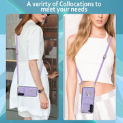 For Samsung Galaxy S24+ 5G Rhombic Texture Card Bag Phone Case with Long Lanyard(Light Purple)
