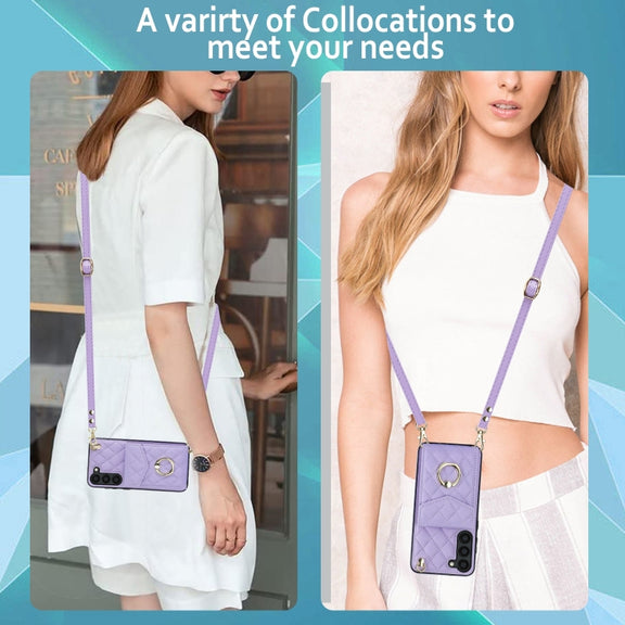 For Samsung Galaxy S24+ 5G Rhombic Texture Card Bag Phone Case with Long Lanyard(Light Purple)