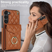 For Samsung Galaxy S24+ 5G Rhombic Texture Card Bag Phone Case with Long Lanyard(Brown)