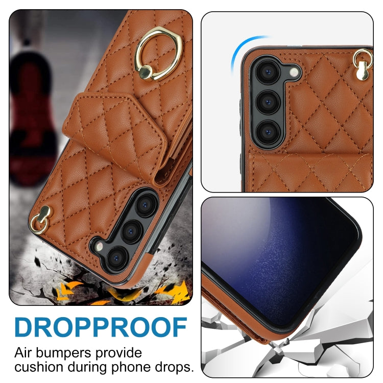 For Samsung Galaxy S24+ 5G Rhombic Texture Card Bag Phone Case with Long Lanyard(Brown)