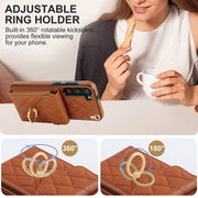 For Samsung Galaxy S24+ 5G Rhombic Texture Card Bag Phone Case with Long Lanyard(Brown)