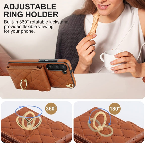 For Samsung Galaxy S24+ 5G Rhombic Texture Card Bag Phone Case with Long Lanyard(Brown)