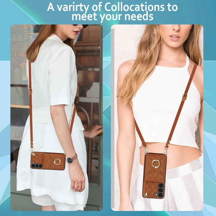 For Samsung Galaxy S24+ 5G Rhombic Texture Card Bag Phone Case with Long Lanyard(Brown)