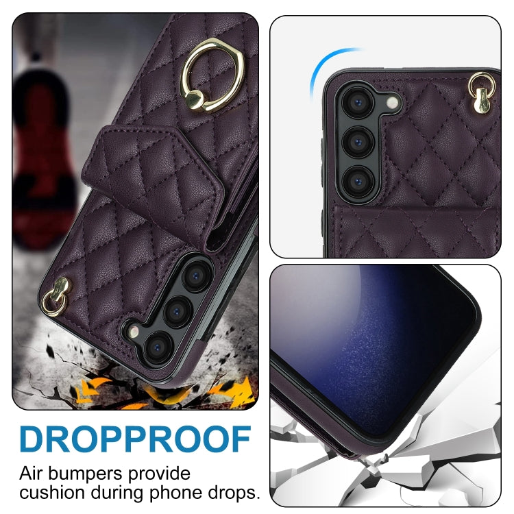 For Samsung Galaxy S24+ 5G Rhombic Texture Card Bag Phone Case with Long Lanyard(Dark Purple)