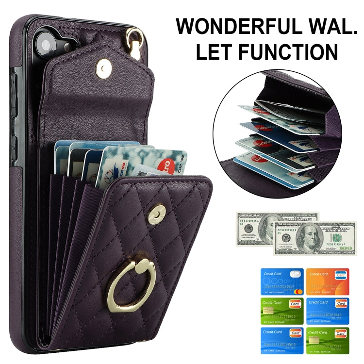 For Samsung Galaxy S24+ 5G Rhombic Texture Card Bag Phone Case with Long Lanyard(Dark Purple)