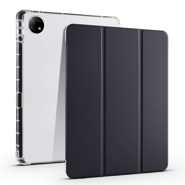 For vivo Pad2 12.1inch 3-folding Transparent TPU Smart Leather Tablet Case with Pen Slot(Black)
